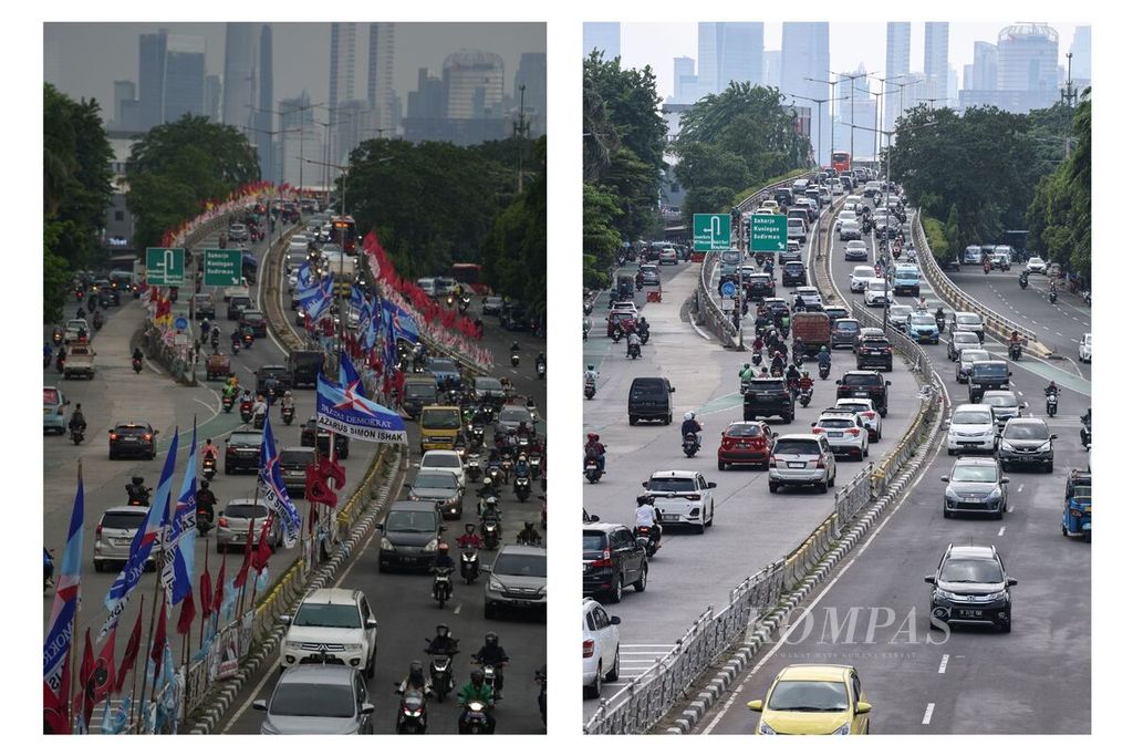 Perbandingan suasana sebelum dan setelah penertiban alat peraga kampanye di Tebet, Jakarta, Minggu (11/2/2024). 