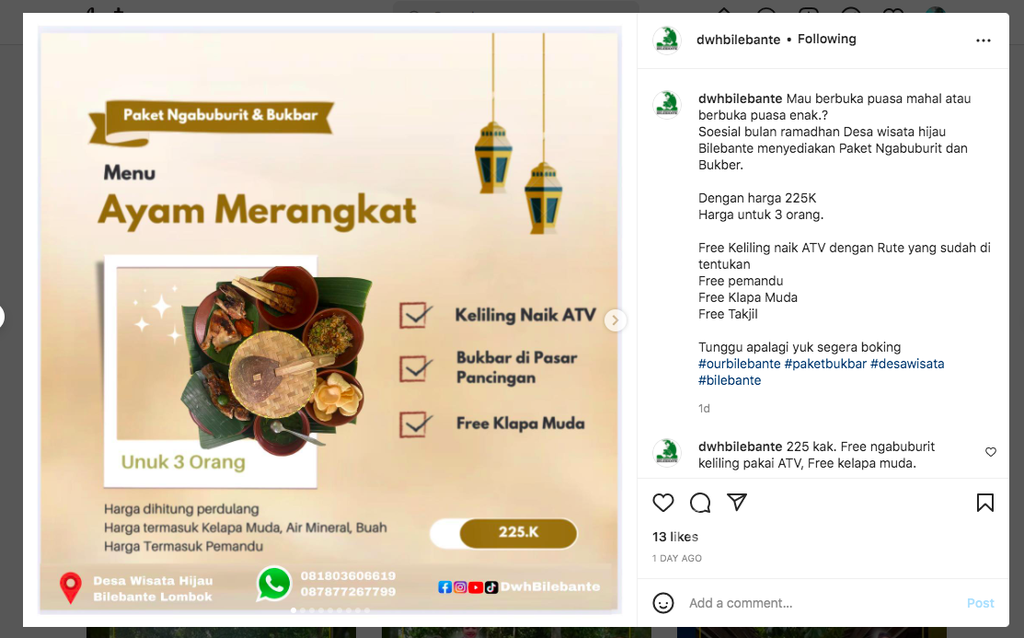Tangkapan layar Instagram Desa Wisata Hijau Bilebante berisi promosi paket Ngabuburit dan Bukber Senin (4/4/2022).