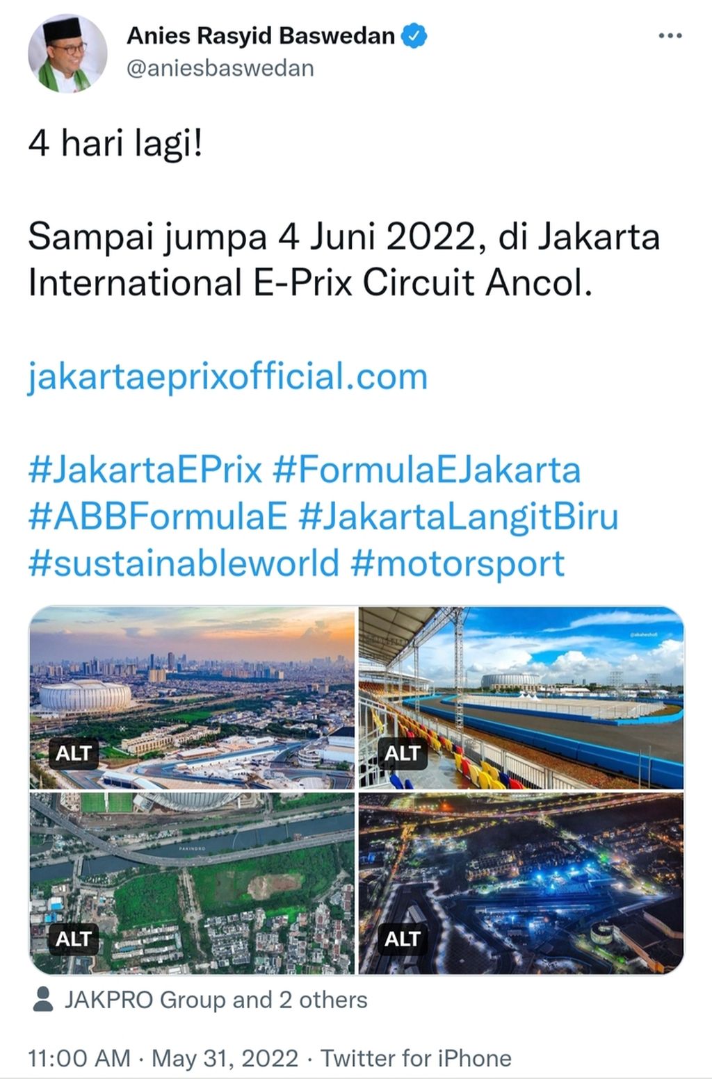 Tangkapan layar cuitan Gubernur DKI Jakarta Anies Baswedan tentang Formula E melalui akun Twitter-nya, @aniesbaswedan  pada Selasa (2/6/2022).