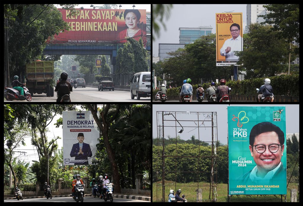 Baliho sejumlah politisi di sejumlah tempat di Jakarta, Kota Tangerang, dan Kota Tangerang Selatan, Senin (9/8/2021). Dua di antaranya, Ketua Umum PKB Muhaimin Iskandar dan Ketua Umum Golkar Airlangga Hartarto, diminta partainya untuk maju di Pemilu Presiden 2024.