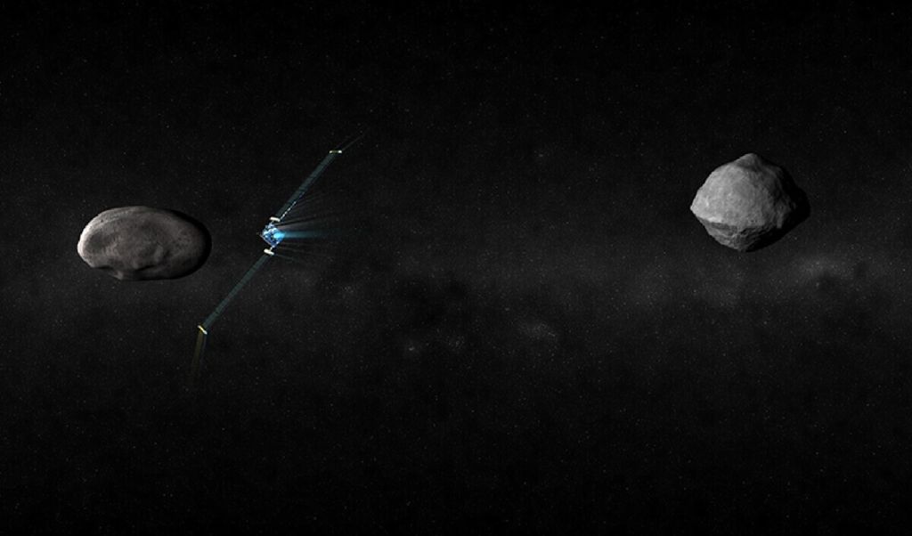 Ilustrasi saat wahana Uji Pengalihan Arah Asteroid Ganda (DART) akan menumbuk asteroid kecil di sistem asteroid ganda Didymos.