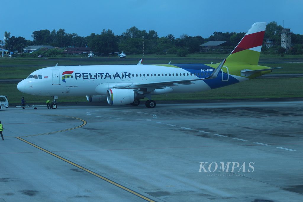 Ilustrasi. Pesawat Pelita Air bersiap lepas landas dari Bandara Internasional Sultan Mahmud Badaruddin II, Palembang, ke Bandara Soekarno-Hatta, Tangerang, Banten, Rabu (12/4/2023). 