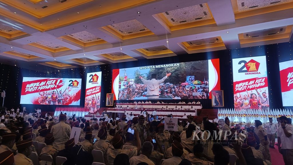 Suasana Rapat Koordinasi Nasional (Rakornas) Partai Gerindra di JIExpo Kemayoran, Jakarta, Jumat (15/12/2023). Agenda itu turut dihadiri jajaran pengurus Dewan Pimpinan Cabang (DPC), Dewan Pimpinan Daerah (DPD), dan Dewan Pimpinan Pusat (DPP) Partai Gerindra seluruh Indonesia.