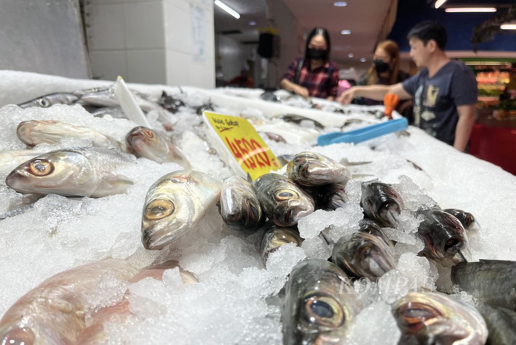 Pengunjung memilih ikan yang ditawarkan di pasar ritel modern di Karang Tengah, Kota Tangerang, Banten, Rabu (26/7/2023). Berdasarkan studi terbaru, konsumsi ikan selama masa kehamilan menurunkan kemungkinan autisme pada anak yang dilahirkan.