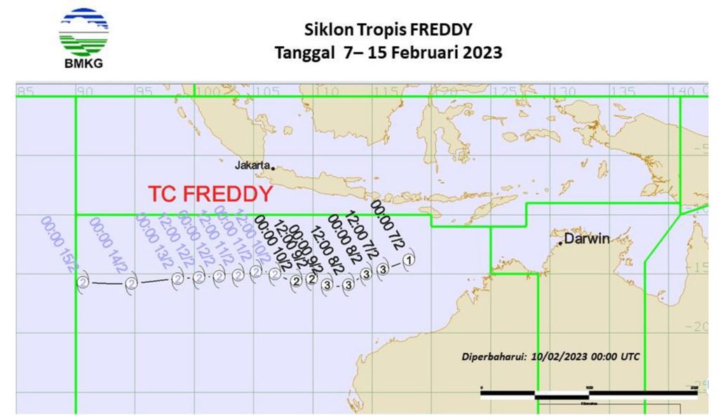 Pergerakan siklon tropis Freddy. Sumber: BMKG
