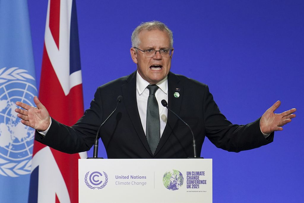Perdana Menteri Australia Scott Morrison menyampaikan pidato pada KTT COP 26 di Glasgow, Skotlandia, 1 November 2021. Media Australia, The Daily Telegraph, melaporkan, Senin (24/1/2022), para pengikut (follower) akun WeChat Morrison diberitahu bahwa halaman akun WeChat Morrison telah berubah nama menjadi