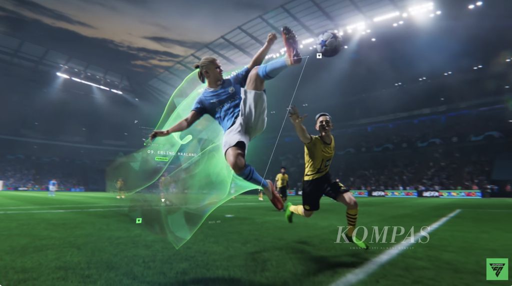 Tangkapan layar animasi striker Manchester City, Erling Haaland, dalam <i>trailer </i>resmi gim EA Sports FC 24 besutan pengembang Electronic Arts (EA).