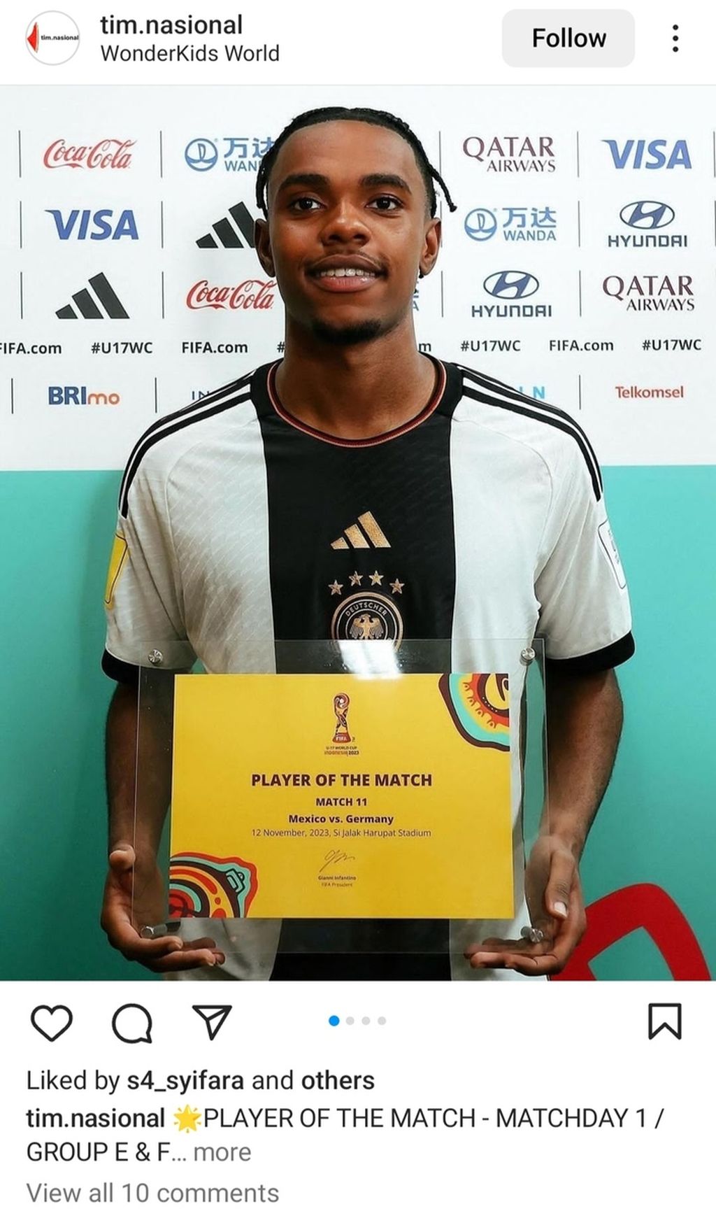 Charles Herrmann, pemain muda Jerman, menjadi pemain terbaik pada laga versus Meksiko di Piala Dunia U-17 2023, Minggu (12/11/2023) di Stadion Si Jalak Harupat, Kabupaten Bandung. 