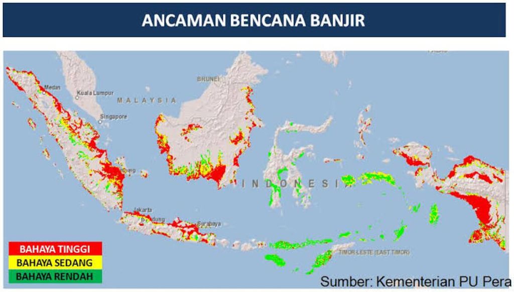 Peta persebaran daerah rawan bencana banjir di Indonesia.