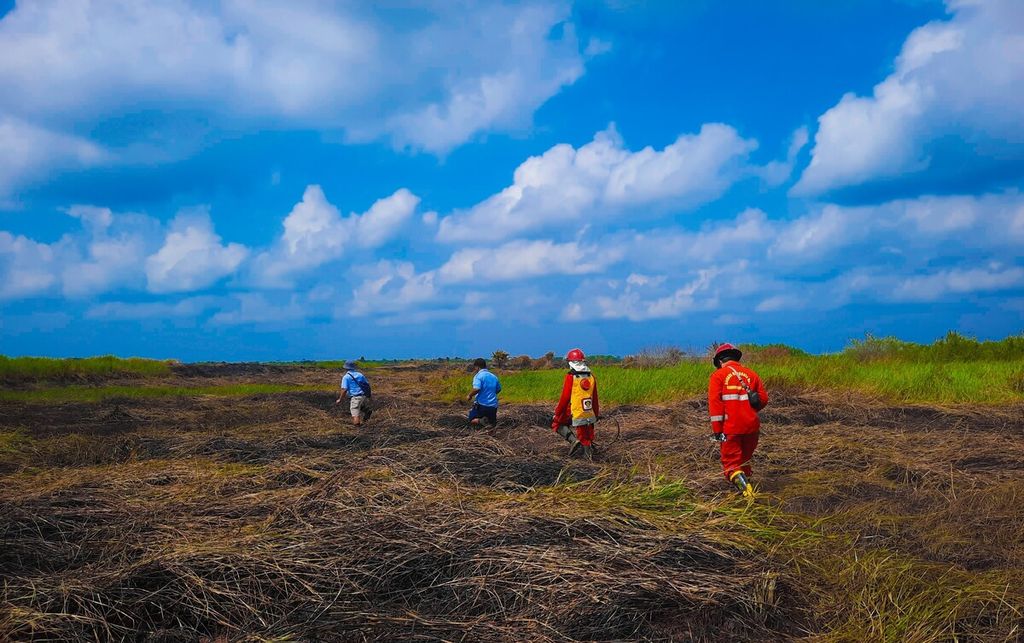 Anggota Manggala Agni mengecek lahan bekas kebakaran yang ada di Kecamatan Sungai Menang, Kabupaten Ogan Komering Ilir, Sumatera Selatan, Sabtu (3/6/2023). 