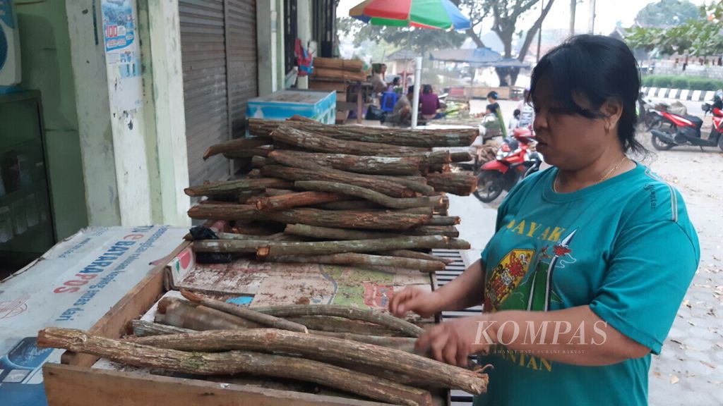 Mama Ani, salah satu penjual obat tradisional, menunjukkan kayu bajakah di Pasar Kahayan, Palangkaraya, Kalimantan Tengah, Sabtu (17/8/2019). Kayu ini dinilai bisa menyembuhkan kanker.