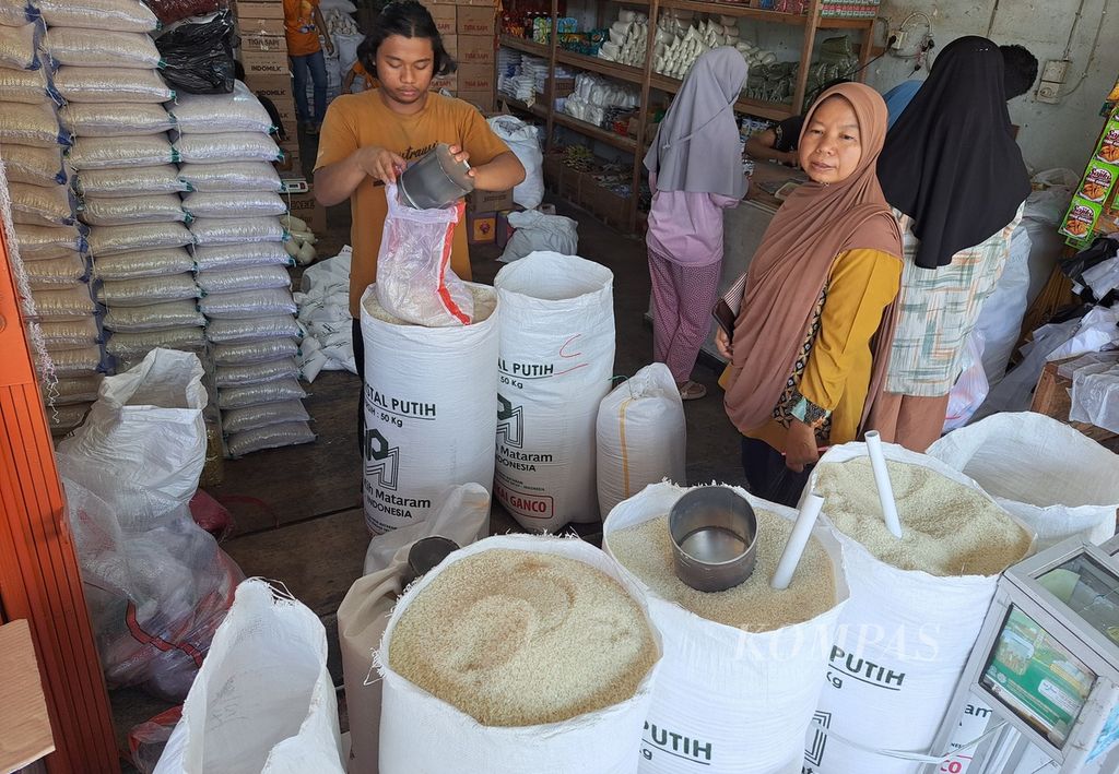 Pedagang sedang mengambilkan beras pesanan pembeli di salah satu toko beras di Pasar Raya Padang, Kota Padang, Sumatera Barat, Kamis (29/2/2024).