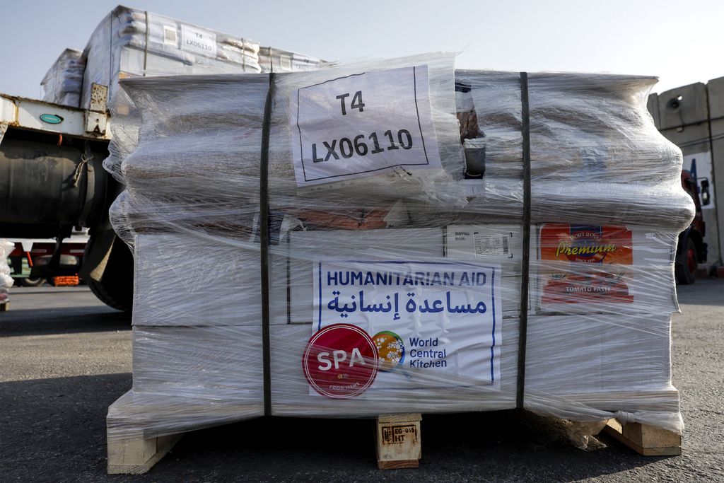 Humanitarian aid boxes with the World Central Kitchen (WCK) logo were seen at the Kerem Shalom border with Gaza Strip, southern Israel, on May 1, 2024.