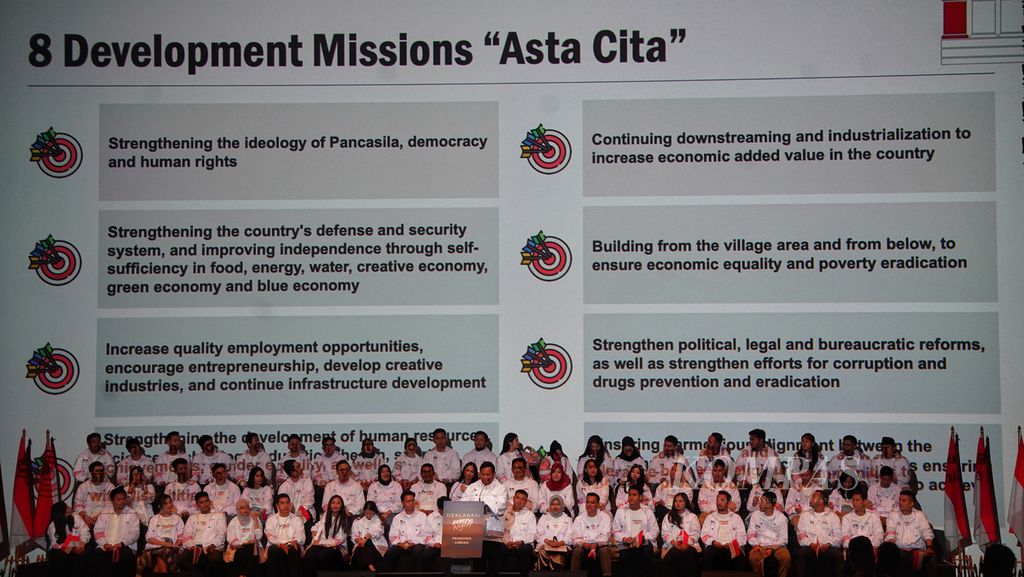Eight programs of potential presidential candidate Prabowo Subianto, named "Asta Cita," were announced during a speech at the Declaration of the Nation's Successor Volunteers at Djakarta Theater, Jakarta, on Saturday (October 28, 2023). The Nation's Successor Volunteers were formed as a platform for young people who support the Prabowo-Gibran duo in the 2024 Presidential Election. In his speech, Prabowo Subianto thanked the Nation's Successor Volunteers for their support and promised to fulfill the entrusted responsibility with Gibran. Prabowo also presented a number of his programs to the attending volunteers.