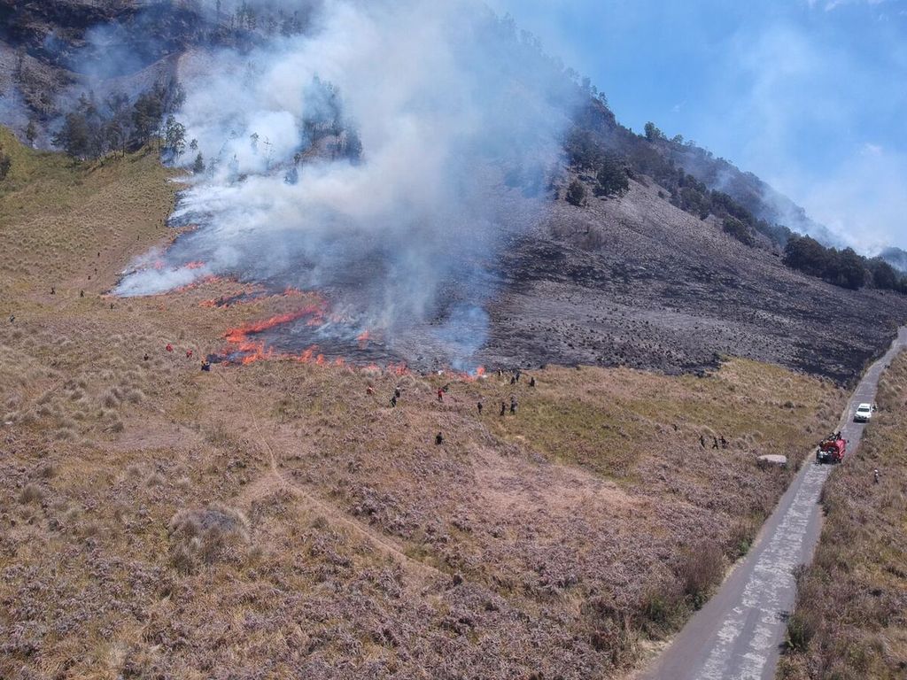 Sabana yang terbakar di Taman Nasional Bromo Tengger Semeru di Jawa Timur, Rabu (30/8/2023)