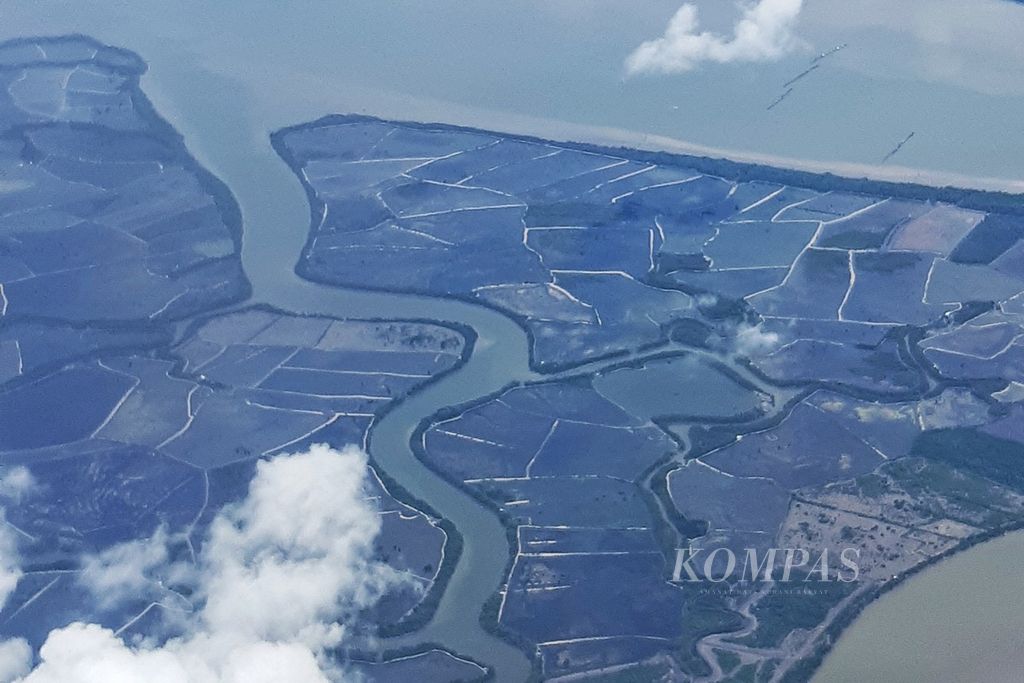 Hutan mangrove yang berubah fungsi menjadi petak-petak tambak di Kalimantan Utara terlihat dari pesawat.