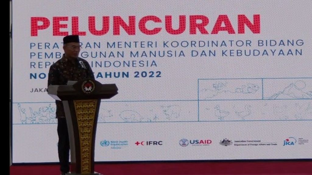 Menteri Koordinator Bidang Pembangunan Manusia dan Kebudayaan Muhadjir Effendy memberikan sambutan dalam acara Peluncuran dan Kolaborasi Pelaksanaan Permenko PMK Nomor 7 Tahun 2022, di Jakarta, Rabu (8/3/2023).