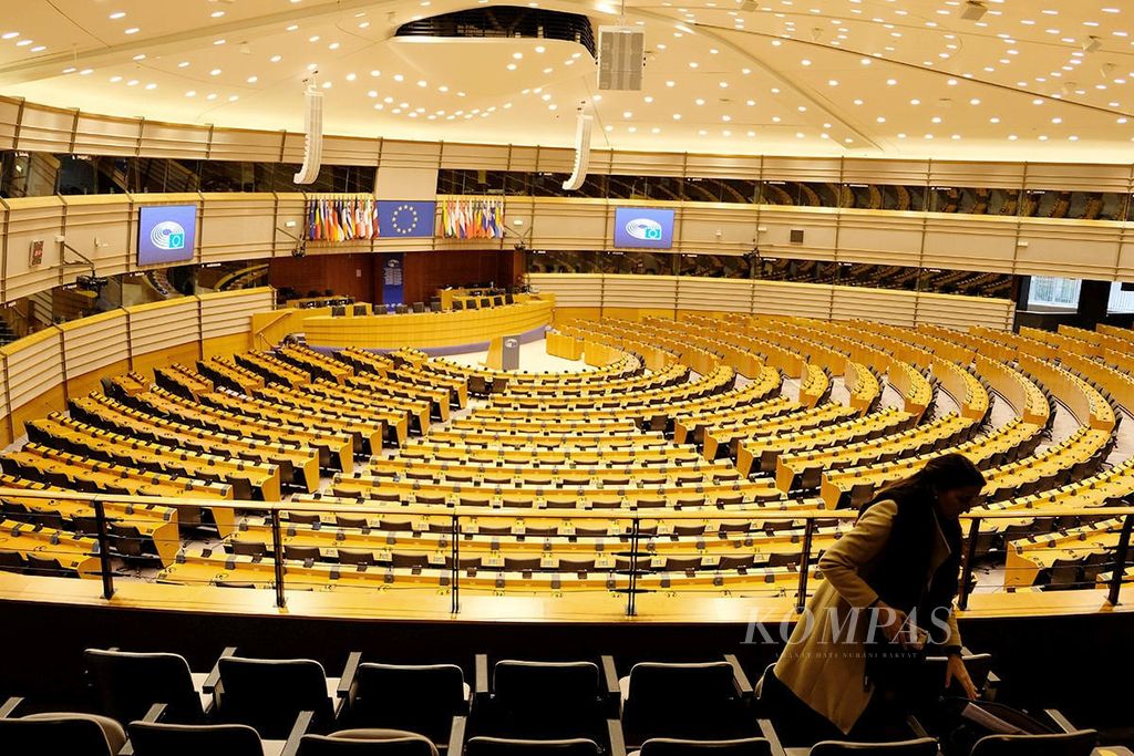 Ruang sidang di Parlemen Uni Eropa, Brussels, Belgia, Senin (8/4/2019). Pada Kamis (12/5/2022), salah satu ruangan di kompleks perkantoran Parlemen Eropa digunakan untuk membahas masalah Papua.