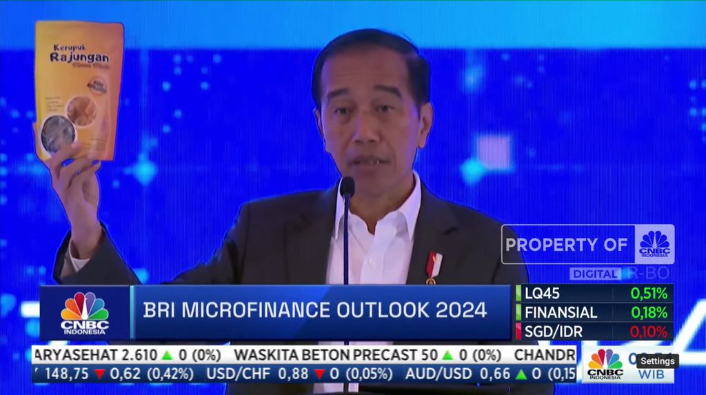 Presiden Joko Widodo memberikan sambutan dalam acara BRI Microfinance Outlook 2024 secara hibrida, di Jakarta, Kamis (7/3/2024).