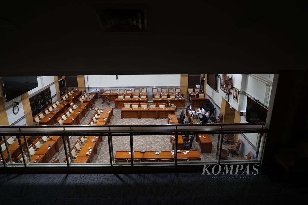 Suasana ruang rapat Komisi III DPR di Kompleks Parlemen, Senayan, Jakarta, Senin (29/1/2024).  