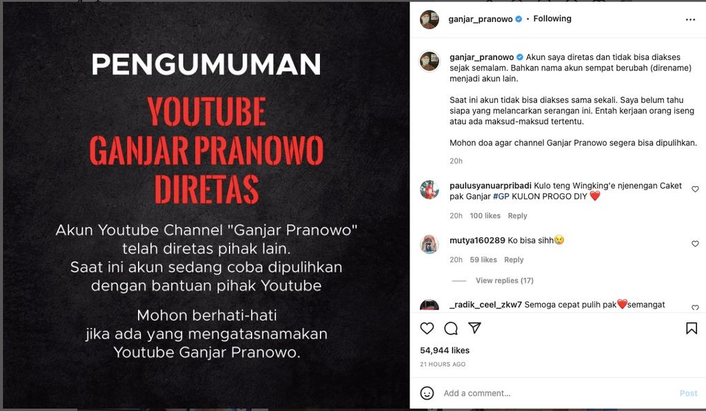 Tangkapan layar akun Instagram resmi Ganjar Pranowo yang mengumumkan peretasan terhadap akun Youtubenya.