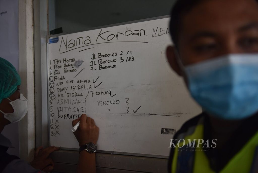 Petugas mencatat korban meninggal kecelakaan bus di Tol Surabaya-Mojokerto yang berhasil teridentifikasi di kamar jenazah RSUD Dr Wahidin Sudiro Husodo, Kota Mojokerto, Jawa Timur, Senin (16/5/2022). Kecelakaan bus tersebut terjadi di Tol Surabaya-Mojokerto (Sumo) Kilometer 712+400 Jalur A (arah Surabaya) yang menyebabkan 15 orang tewas.