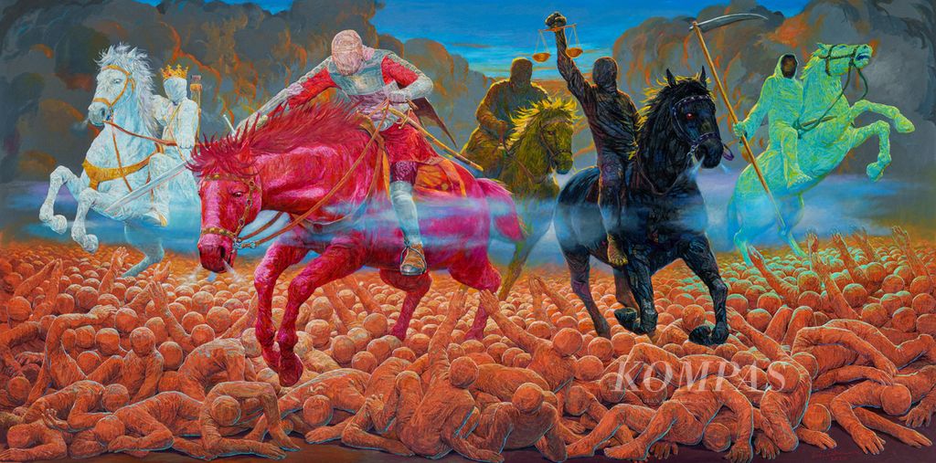 Lukisan berjudul ”The Five Horsemen” karya Budi Ubrux