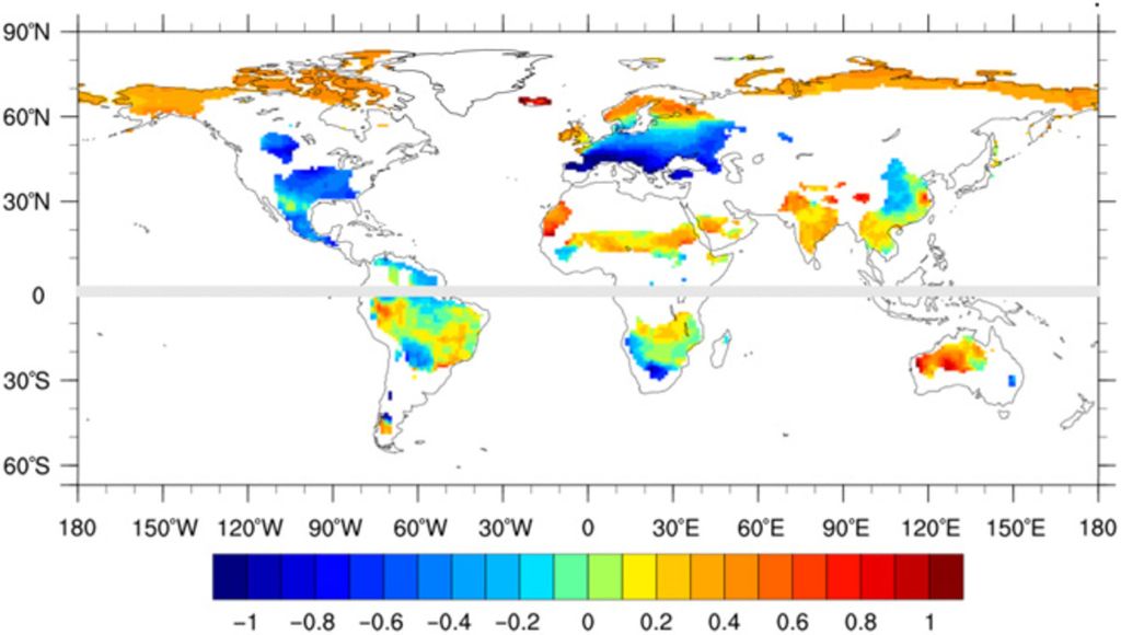 Indeks perubahan iklim global yang ditandai dengan penyimpangan dari kondisi normanya. Nilai negatif (semakin biru) menandai adanya perubahan kekeringan tanah, sedangkan nilai positif (semakin merah) mengindikasikan kontribusi besar pada varibalitias atmosfir.