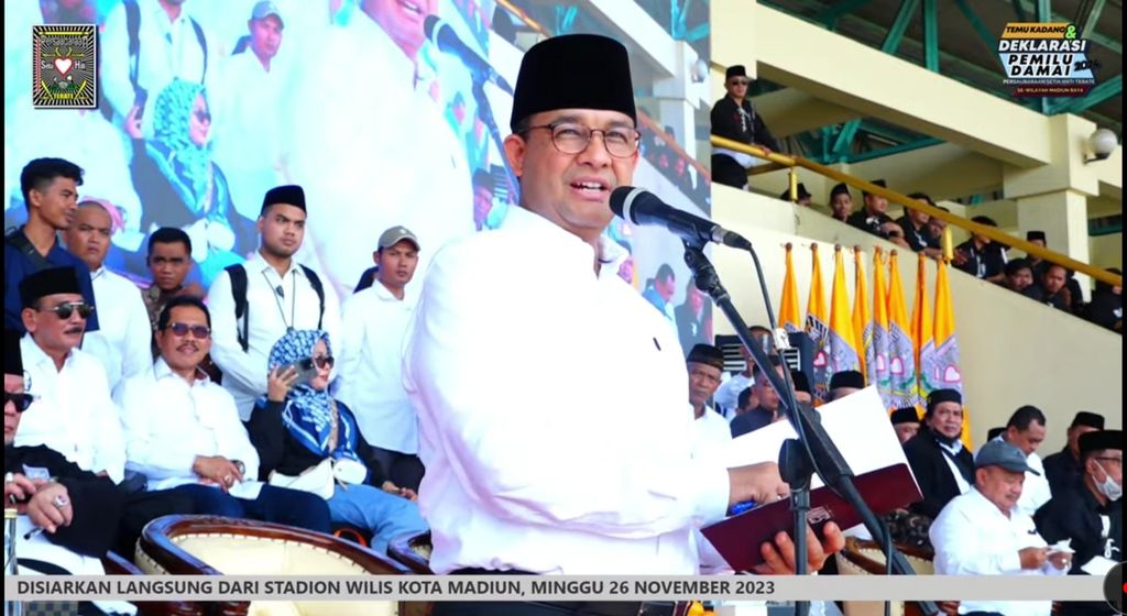Foto tangkapan layar calon presiden Anies Rasyid Baswedan pada acara Temu Kadang dan Deklarasi Pemilu Damai 2024 Persaudaraan Setia Hati Terate (PSHT) di Madiun, Jawa Timur, Minggu (26/11/2023).