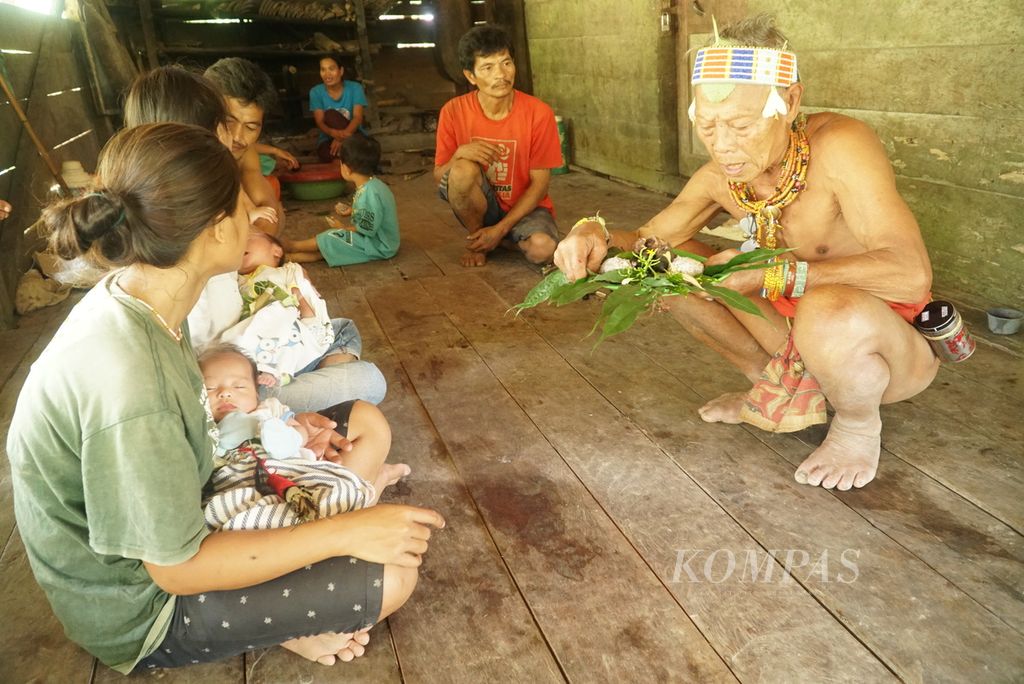 Sikerei, ahli pengobatan dan pemimpin ritual suku Mentawai, membacakan mantra terhadap hidangan "subbet", makanan karbohidrat dari umbi keladi rebus tumbuk, dan lauk sup kelelawar yang telah ditambahkan dengan berbagai jenis daun dalam ritual pemberkatan bayi di pedalaman Pulau Siberut di Dusun Salappa, Desa Muntei, Kecamatan Siberut Selatan, Kepulauan Mentawai, Sumatera Barat, Selasa (26/9/2023). Ritual diakhiri dengan memakan hidangan pangan lokal Mentawai. Pangan lokal menjadi salah satu elemen kunci dalam berbagai ritual adat masyarakat suku Mentawai.