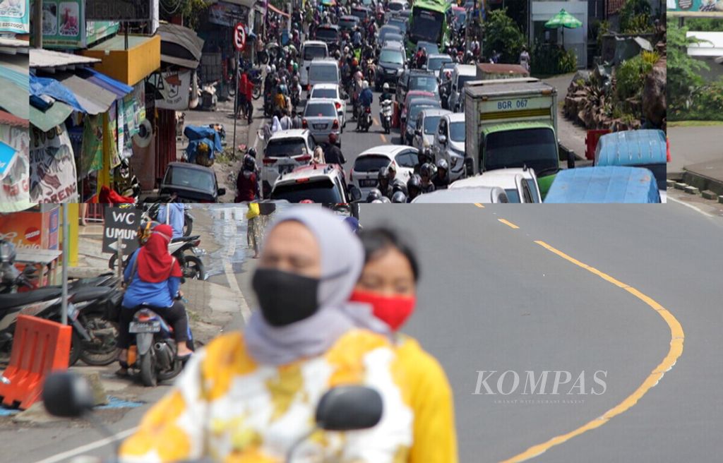 Kemacetan kawasan wisata Puncak, Kabupaten Bogor, Jawa Barat, Minggu (9/6/2020), dan kondisi terkini Sabtu (11/4/2020). 
