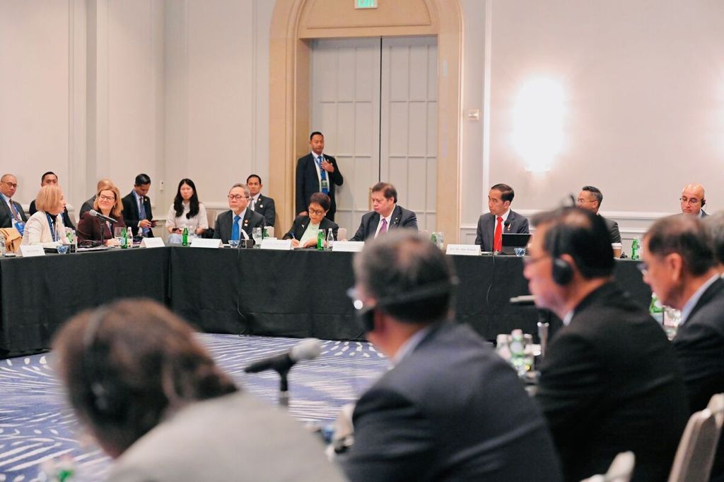 Presiden Joko Widodo menghadiri pertemuan ABAC ASEAN Caucus Day di San Francisco, Amerika Serikat, Kamis (16/11/2023).