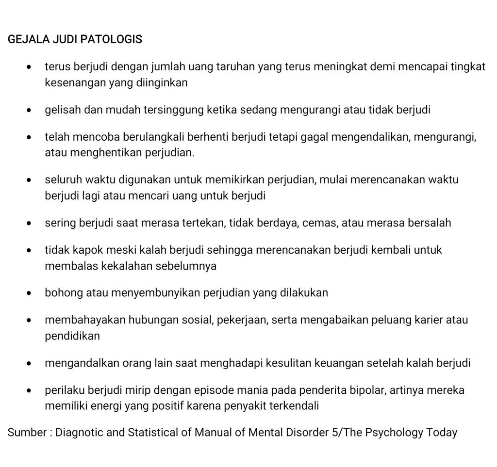 Gejala kecanduan judi menurut Diagnostic and Statistic Manual of Mental Disorder 5 (DSM-5)