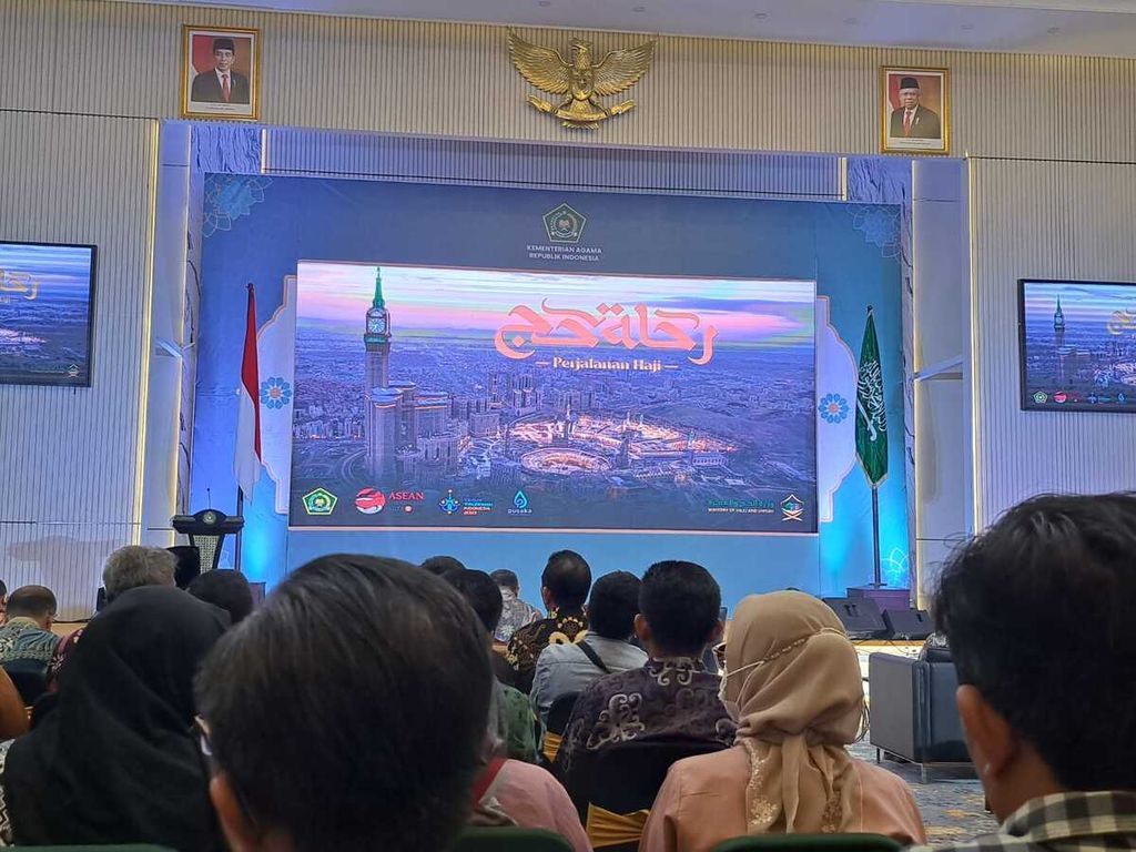Suasana peluncuran film dokumenter perjalanan haji 2022 di Auditorium KHM Rasidi, Kantor Kementerian Agama RI, Jalan MH Thamrin, Jakarta, Rabu (10/5/2023). 