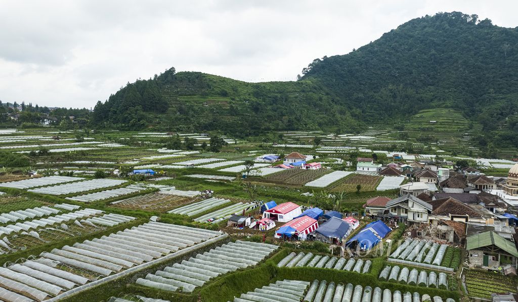 Foto aerial tenda pengungsi yang berdiri di area kebun sayur di Desa Ciherang, Kecamatan Pacet, Kabupaten Cianjur, Jawa Barat, Senin (28/11/2022). Kabupaten Cianjur merupakan salah satu daerah penghasil komoditas sayur dan tanaman hias.