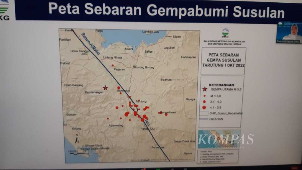 Peta sebaran gempa bumi susulan di Tapanuli Utara yang ditayangkan BMKG dalam konfrensi pers daring, Sabtu (1/10/2022).