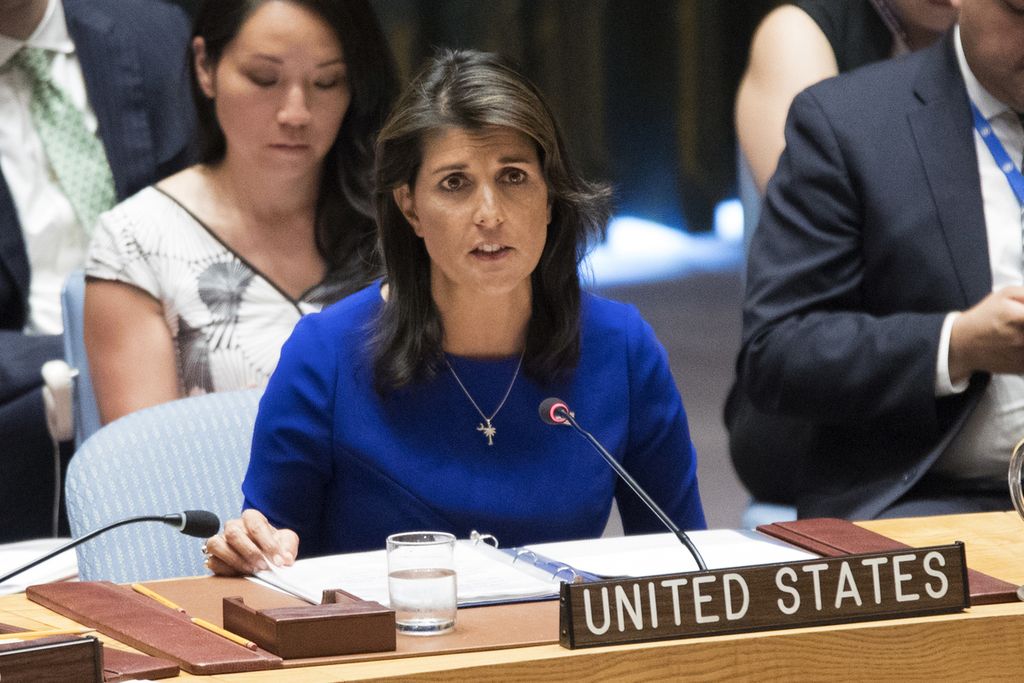 Duta Besar AS untuk PBB Nikki Haley berbicara dalam sidang Dewan Keamanan PBB yang membahas situasi di Myanmar di Markas Besar PBB, New York, AS, 28 Agustus 2018. 