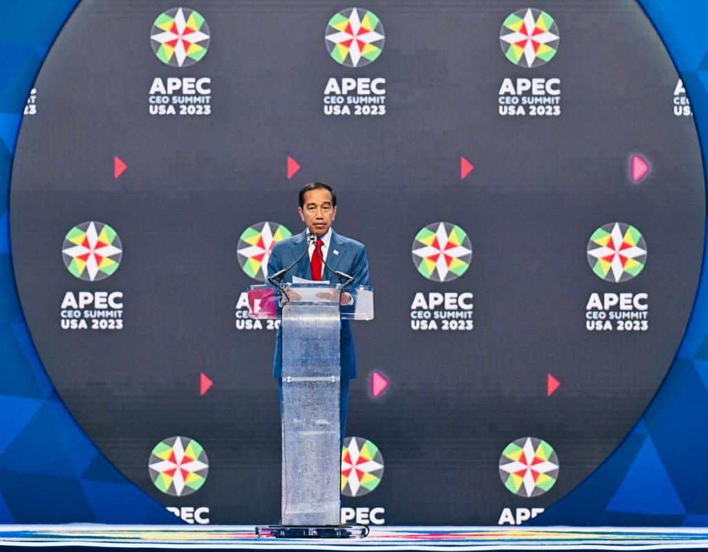 Presiden Joko Widodo hadir dalam di APEC CEO Summit, San Francisco, Amerika Serikat, Kamis (16/11/2023). Dalam pidatonya, Presiden sekaligus mempromosikan Ibu Kota Nusantara (IKN).