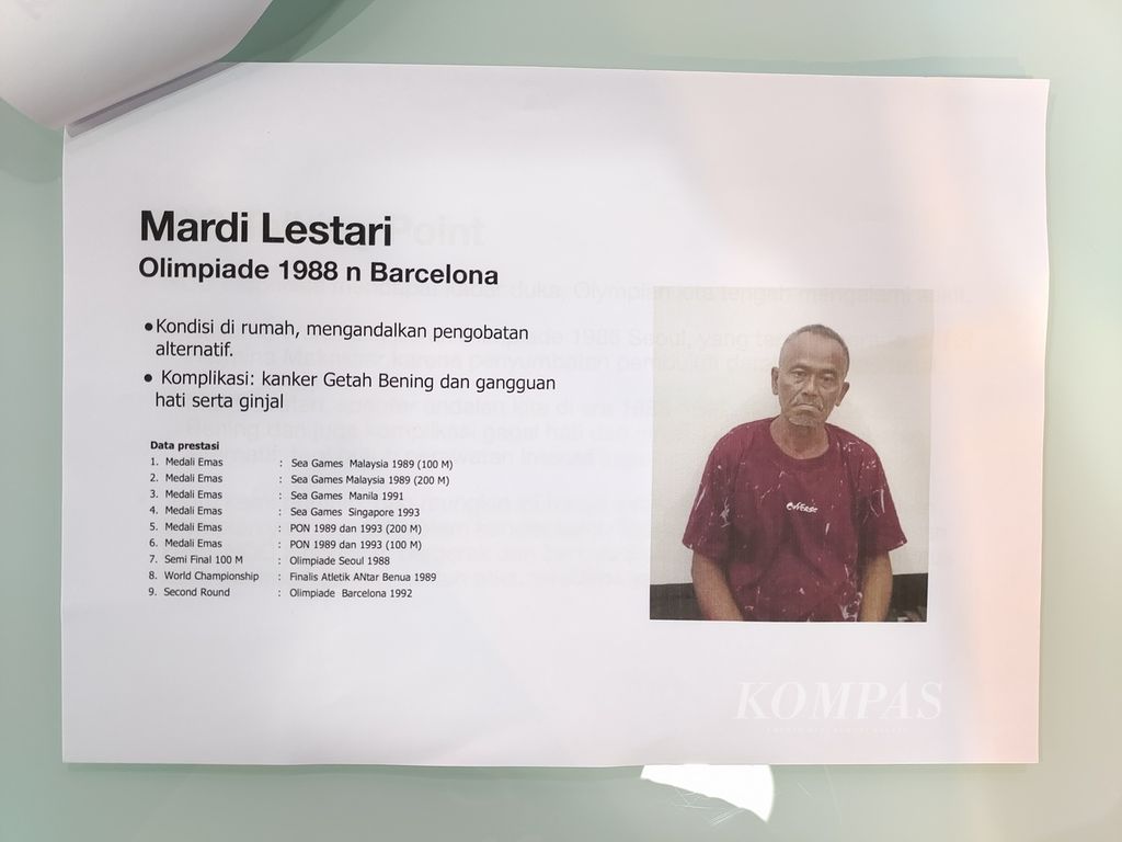 Profil pelari legendaris Mardi Lestari saat Ketua Komite Olimpiade Indonesia Raja Sapta Oktohari melakukan komunikasi video dengan sprinter legendaris Mardi Lestari dan pemanah putri legendaris Lilies Handayani di Jakarta, Senin (21/8/2023).