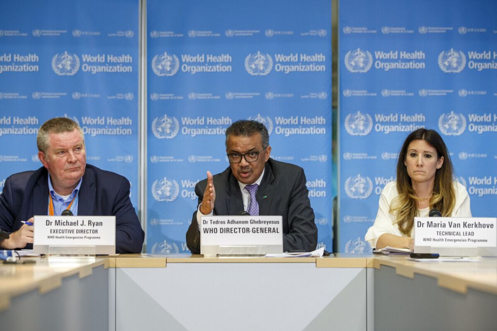 Photo dated Monday, March 9, 2020, Tedros Adhanom Ghebreyesus, director general of the World Health Organization, centre, speaks during a news conference on updates regarding on the coronavirus COVID-19, at the WHO headquarters in Geneva, Switzerland. Accompanying Tedros are Michael Ryan, left, executive director of WHO’s Health Emergencies program, and Maria van Kerkhove, right, technical lead of WHO’s Health Emergencies program.  