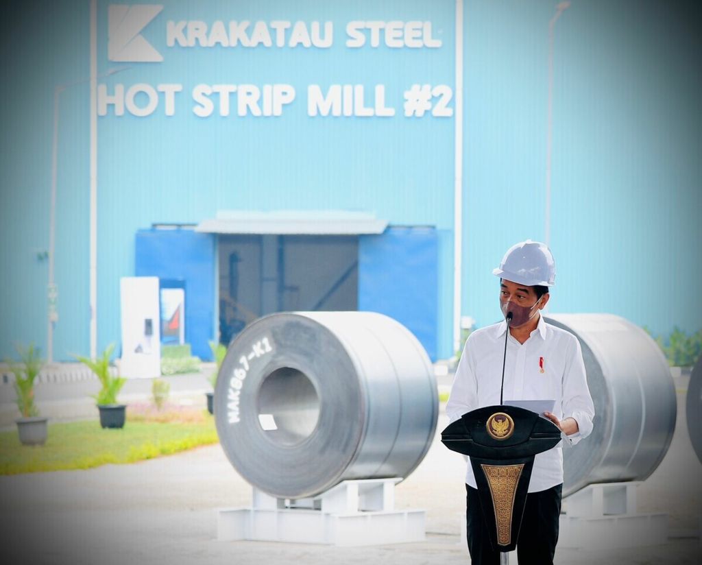 President Joko Widodo delivers remarks at the inauguration of PT Krakatau Steel's Hot Strip Mill #2 in Cilegon City, Banten Province, Tuesday 21 September 2021..