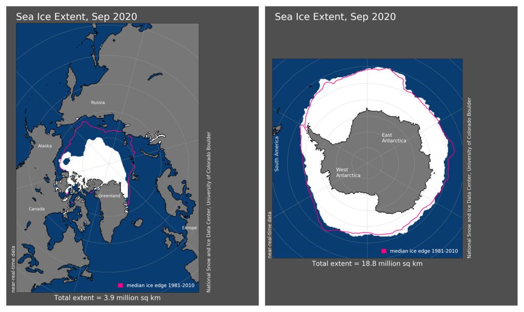 Cakupan es Laut Arktik (kiri) dan cakupan es Laut Antartika (kanan) selama September 2020. 