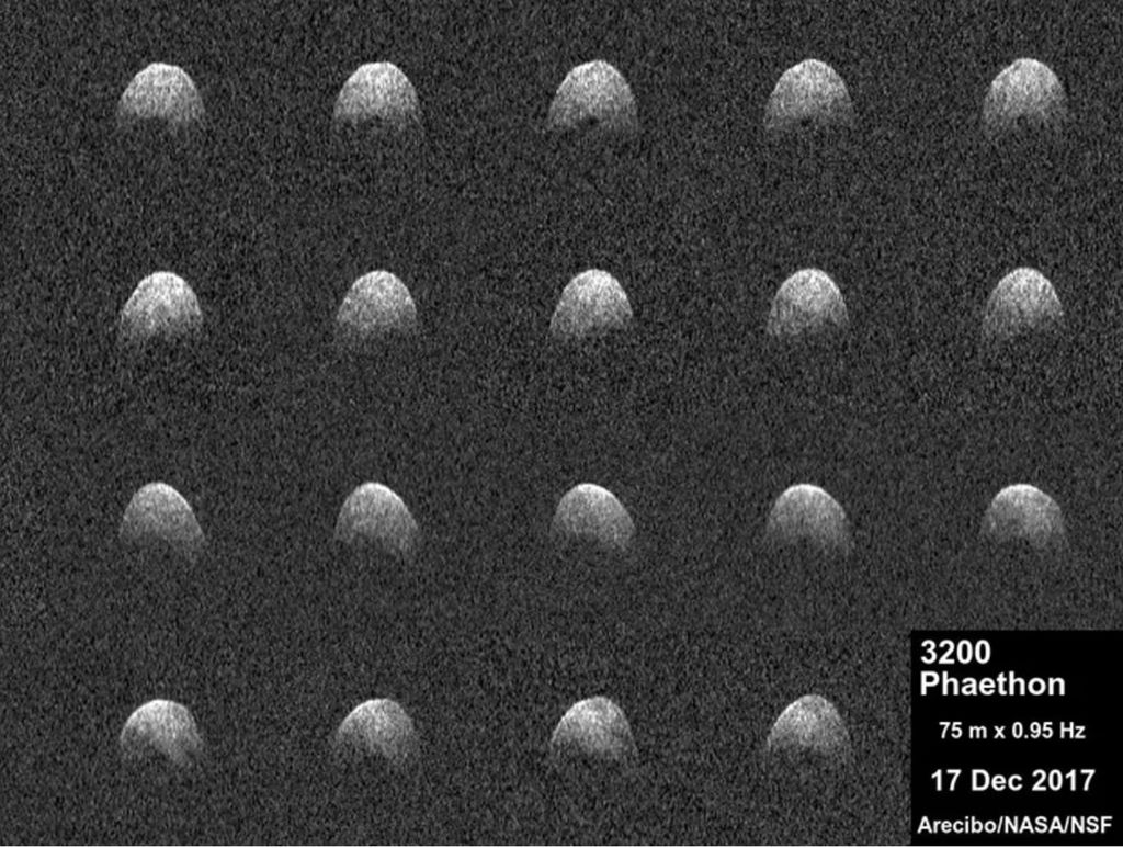 Citra radar terhadap asteroid dekat Bumi 3200 Phaethon yang diambil oleh astronom di Observatorium Arecibo milik National Science Foundation's, Amerika Serikat, pada 17 Desember 2017, saat asteroid itu mendekati Matahari.