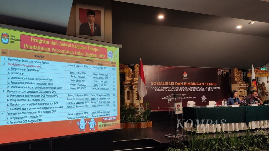 KPU Provinsi Bali menggelar acara sosialisasi dan bimbingan teknis tata cara pendaftaran bakal calon anggota DPD dan penggunaan aplikasi sistem informasi pencalonan (silon) pada Pemilu 2024 di Sanur, Kota Denpasar, Minggu (16/4/2023). 