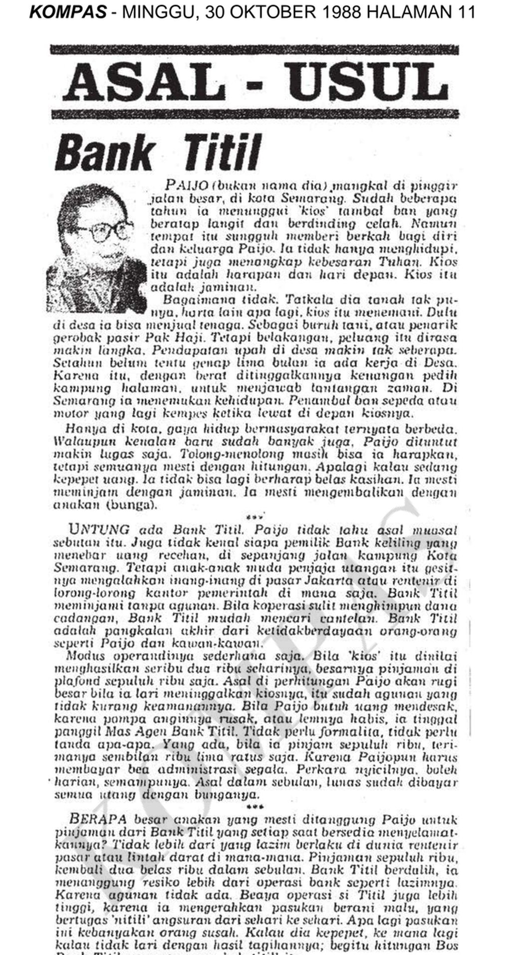 Berita tentang asal-usul bank <i>titil</i>. Terbit di harian Kompas, 30 Oktober 1988. 
