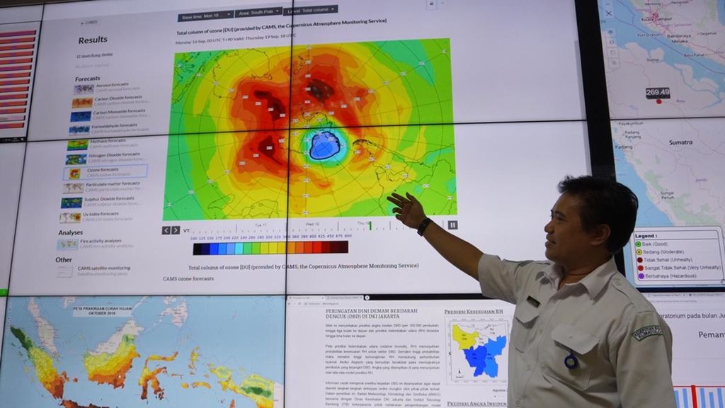Kepala Subbidang Analisis Komposisi Kimia Atmosfer BMKG Eka Suharguniyawan memberikan penjelasan tentang perubahan iklim dan cuaca di Jakarta, Selasa (17/9/2019).
