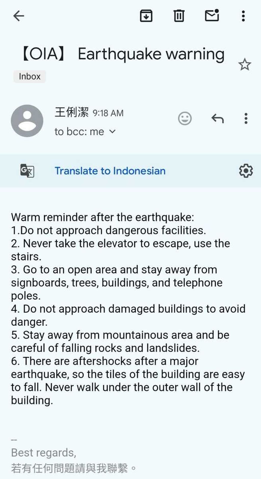 Imbuan dari Kampus National Chung Hsing University di Taichung, Taiwan, untuk mahasiswanya pascagempa bermagnitudo 7,2 yang mengguncang Taiwan dengan pusat gempa di Hualien, Taiwan, Rabu (3/4/2024) pagi. 