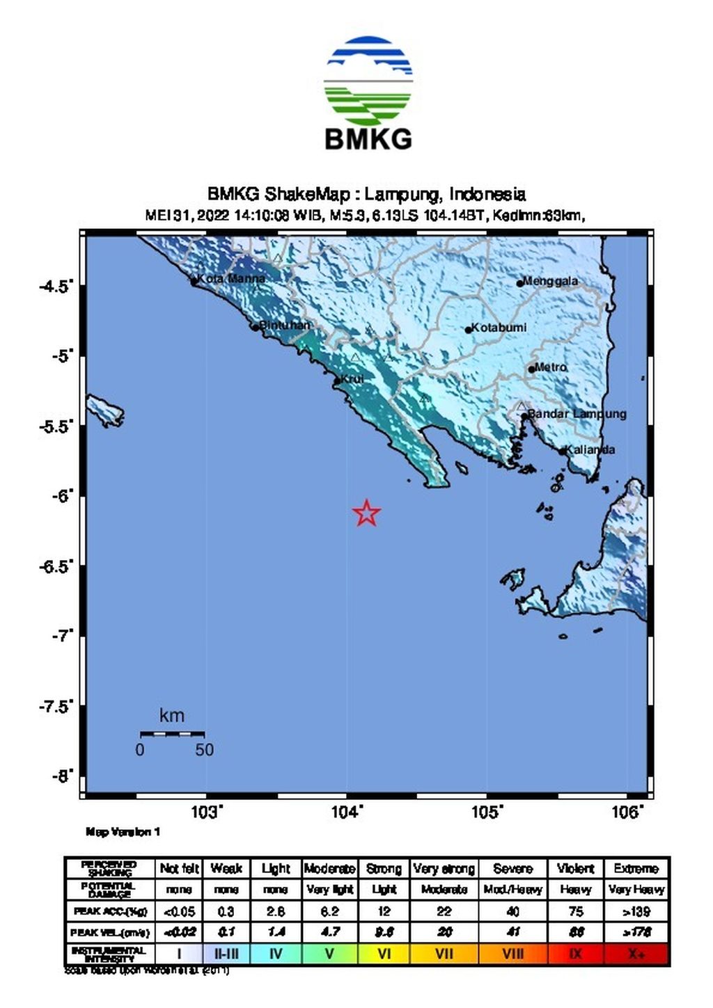 Gempa tektonik dengan kekuatan 5,3 magnitudo terjadi pada Selasa (31/5/2022) di Kabupaten Tanggamus, Lampung.