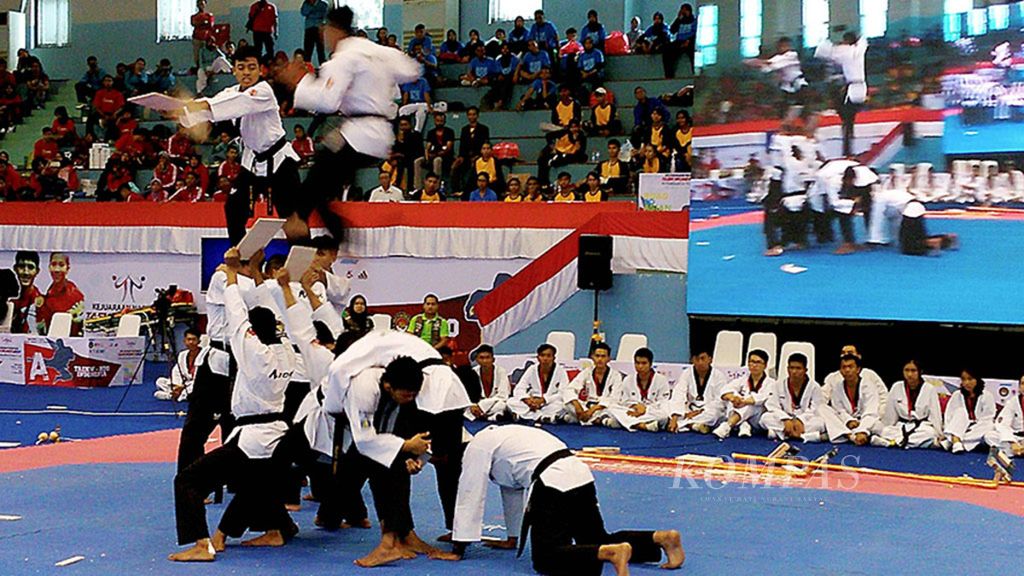 Tim NLions mendemonstrasikan ketrampilan taekwondo pada Kejuaraan Nasional Taekwondo 2017 di GOR POPKI, Cibubur, Jakarta, Kamis (22/11). Pengurus Besar Taekwondo Indonesia menggunakan ajang itu untuk mencari bibit atlet yang akan direkrut ke pemusatan latihan nasional.