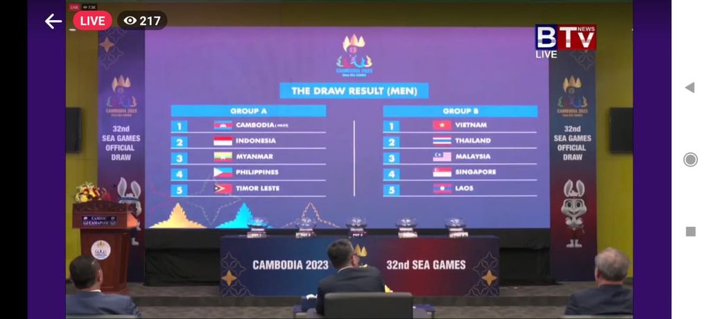 Hasil undian fase penyisihan grup cabang sepak bola pada SEA Games 2023 Kamboja, Rabu (5/4/2023) yang disiarkan secara langsung melalui akun Facebook Federasi Sepak Bola Kamboja.